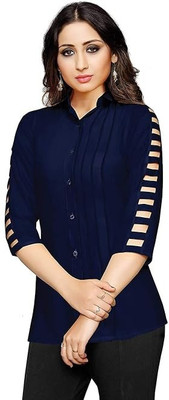 Himani sports Casual Solid, Self Design Women Dark Blue Top