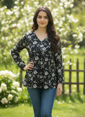 Desi Beats Casual Floral Print Women Black Top