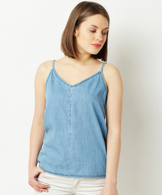 Miss Chase Casual Shoulder Strap Solid Women Light Blue Top