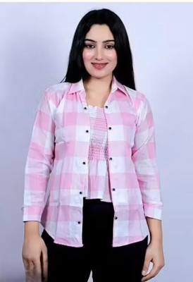 Fabhaat Casual Checkered, Printed Women Pink Top