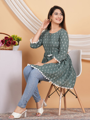 HouseOfCommon Casual Printed Women Grey Top