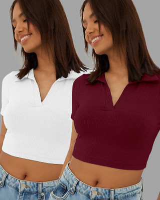 AUSK Casual Self Design Women White, Maroon Top