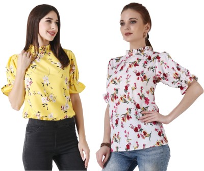 aakrushi Casual Floral Print Women Yellow, White Top