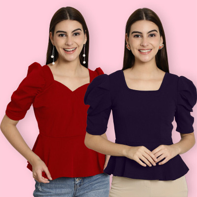 Tromko Casual Solid Women Red, Dark Blue Top