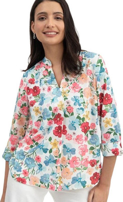 AARVI Casual Floral Print Women White, Blue Top