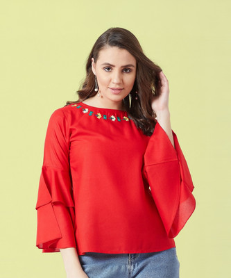 THE DRY STATE Casual 3/4 Sleeve Solid Women Red Top