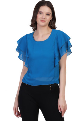 MUZUN Casual Solid Women Light Blue Top