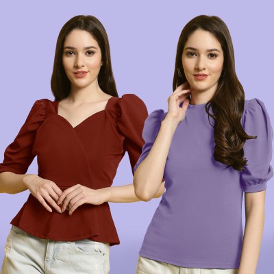 Fabflee Casual Solid Women Purple, Maroon Top