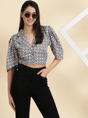 SHOWOFFFF Casual Geometric Print Women White Top