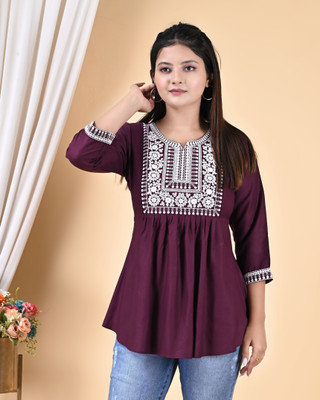 Kurthit Casual Embroidered Women Maroon Top