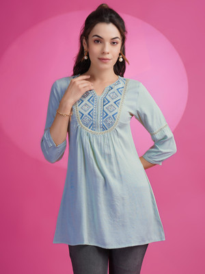 Anmi Embroidered Women Straight Kurta(Light Blue)