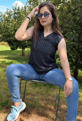 bhanderi fashion Casual Self Design Women Black Top