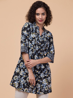 HouseOfCommon Casual Floral Print Women Black Top