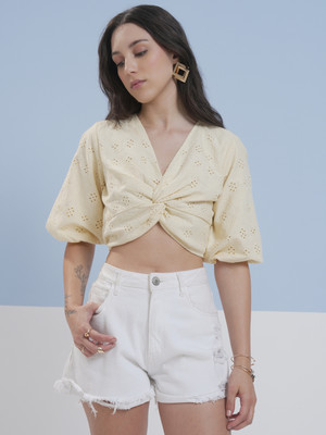 Vishudh Casual Embroidered Women Yellow Top