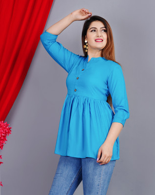 URESA Casual Solid Women Light Blue Top