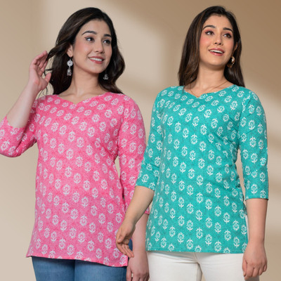 I N ENTERPRISES Casual Floral Print Women Green, Pink Top