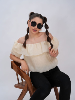 clobug Casual Solid Women Beige Top