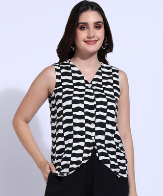 FashFun Formal 3/4 Sleeve Printed Women Black Top