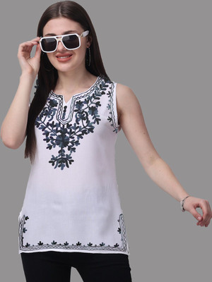 AMODERNFASHION Casual Embroidered Women Silver Top