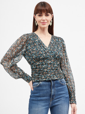 HARPA Casual Floral Print Women Blue Top