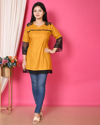 OSSPREY Casual Lace Women Yellow Top