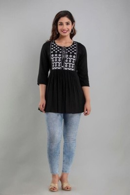 SSK FASHION Casual Embroidered Women Black Top