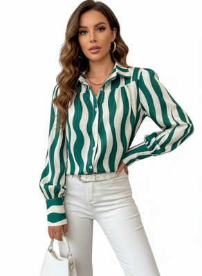 Leriya Fashion Casual Striped Women Green Top