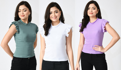 GLOWIC Casual Solid Women Green, White, Purple Top