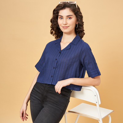 YU by Pantaloons Casual Striped Women Dark Blue Top