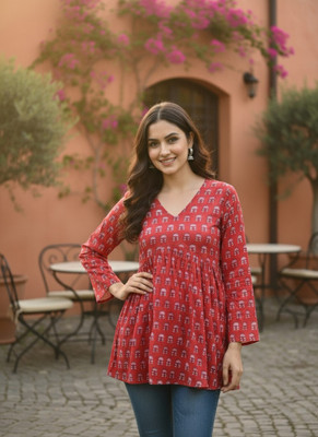 Desi Beats Casual Printed, Ethnic Motifs Women Red Top