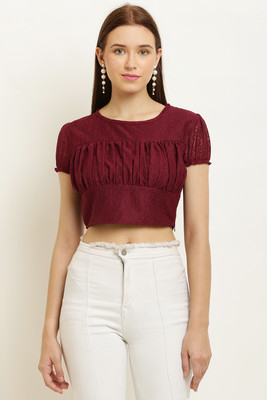 vashist Casual Solid, Self Design Women Maroon Top