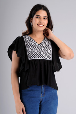 taniya fashion Casual Embroidered Women Black Top