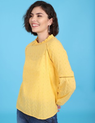 FLYING MACHINE Casual Embroidered Women Yellow Top