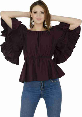 PINK HUB Casual Solid Women Purple Top