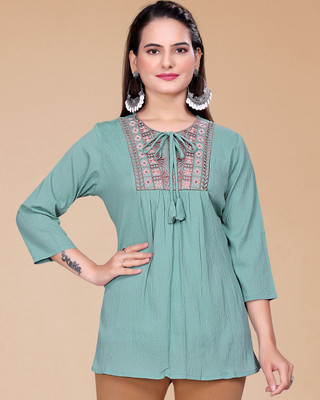 MAPRI Casual Embroidered Women Light Green Top