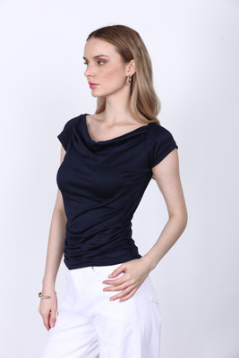 SIGHTBOMB Casual Solid Women Dark Blue Top