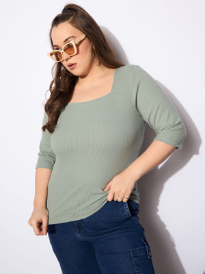 SASSAFRAS Curve Casual Solid Women Green Top