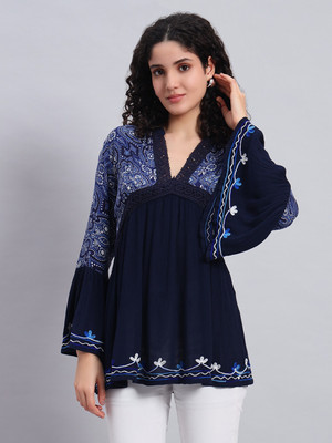 Veldress Casual Floral Print Women Blue Top