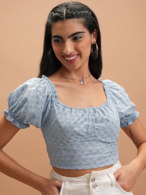 KETCH Casual Embroidered Women Light Blue Top