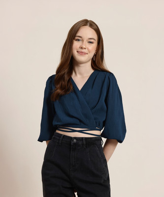 HERE&NOW Casual Solid Women Blue Top