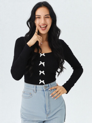 PRARU FASHION Casual Solid, Embellished Women Brown Top