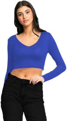 THE BLAZZE Casual Solid Women Dark Blue Top