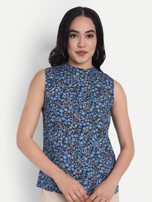 FairLeaf Casual Floral Print Women Dark Blue Top