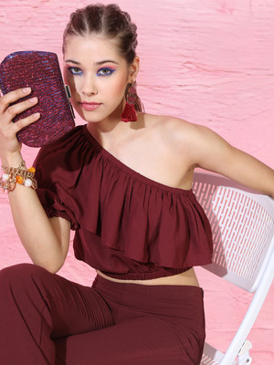 Tokyo Talkies Casual Solid Women Maroon Top