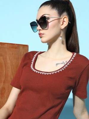 PLUSS Casual Solid Women Maroon Top