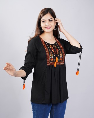 ERT FASHION Casual Embroidered, Solid Women Black Top