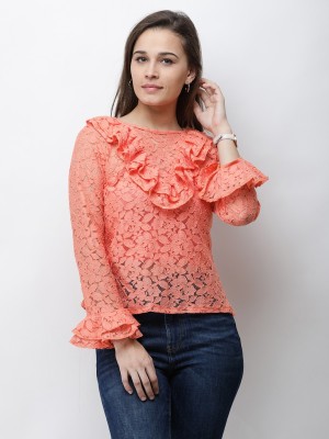 Cation Casual Bell Sleeve Self Design Women Orange Top