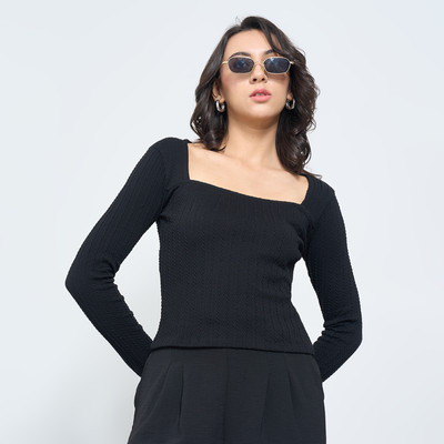 PEOPLE Casual Solid Women Black Top