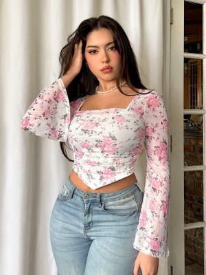 Istyle Can Casual Floral Print Women White Top