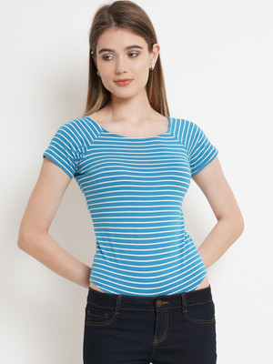 Purple State Casual Striped Women White, Light Blue Top